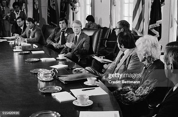 President Carter held a meeting at the White House on the Humphrey-Hawkins full employment bill which the administration hopes Congress will pass...
