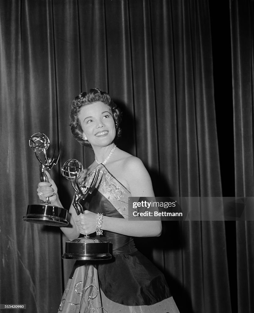 Nanette Fabray Holding Her Emmy Awards