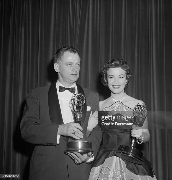Nanette Fabray and Art Carney hold their Emmys after presentation by the Academy of Television Arts and Sciences tonight at the Waldorf Astoria...