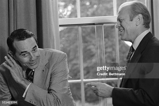 Washington: A remark by Pres. Ford amuses his running mate, Sen. Robert Dole, as the two men met at the White House to discuss campaign matters,...