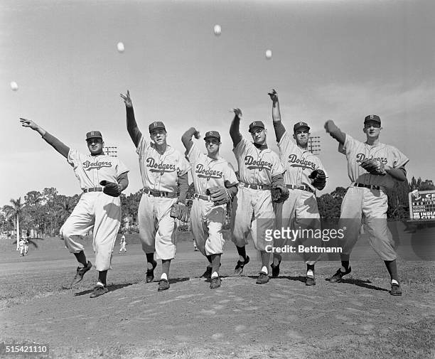 Getting their arms in shape are the right-handed members of the world champion Brooklyn Dodgers' mound staff at spring training headquarters in Vero...