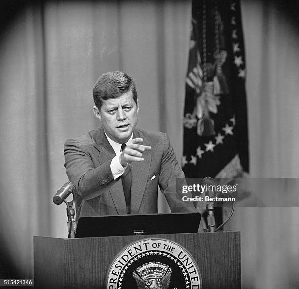 President John F. Kennedy says at a press conference that while the Soviet Union's development of big booster rockets had given it a lead over the...