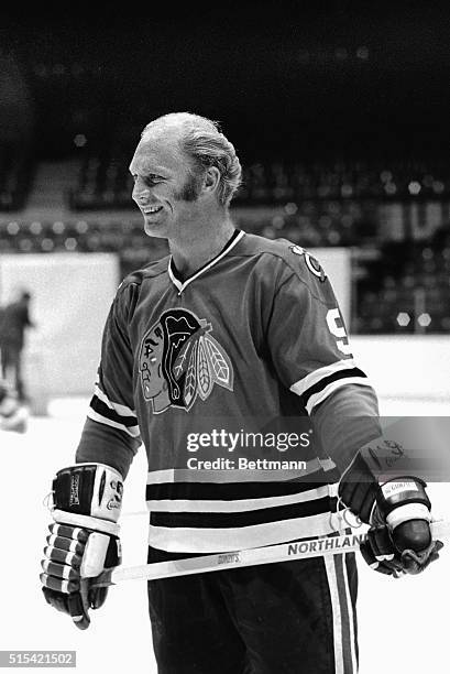 Chicago Black Hawks' Bobby Hull is shown in a waist-up portrait on the ice at opening day of training at Chicago Stadium.