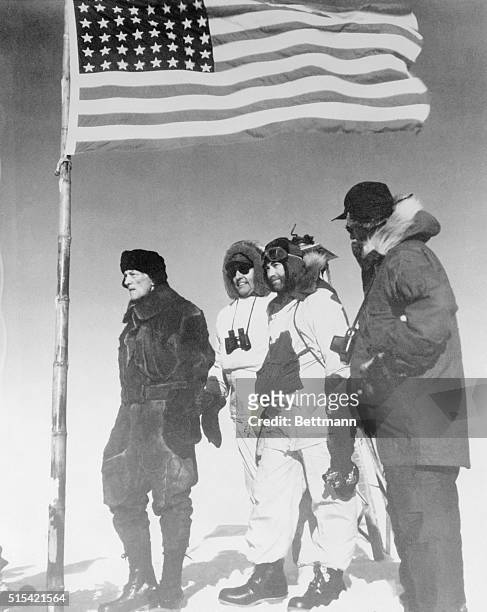 Admiral Richard E. Byrd, who heads "Operation Deep Freeze" at the bottom of the world, visits Little America, the base he established in 1929 on his...