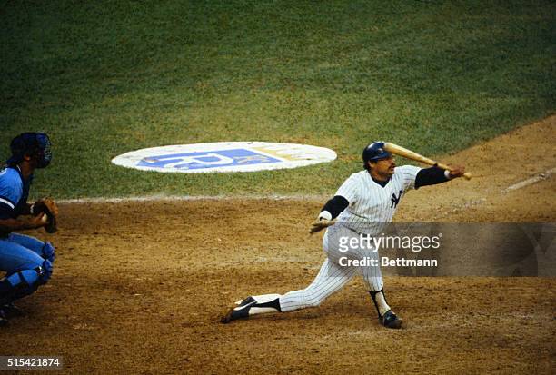New York: N.Y. Yankees Reggie Jackson batting against Kansas City Royals during American League playoffs.