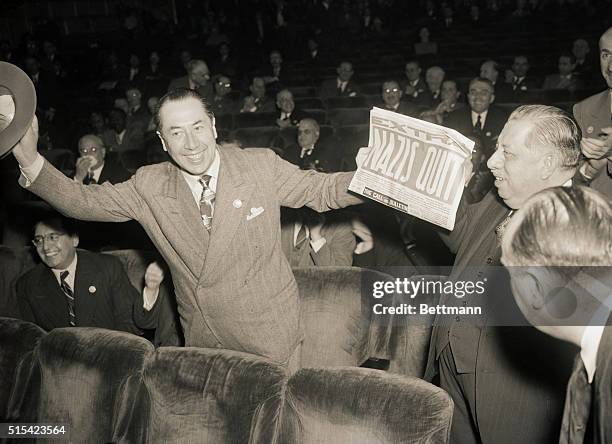 San Francisco, CA- Cheers rang out at the April 29th plenary session of UNCIO when a newspaper bearing the headline, "Nazis Quit" was brought into...