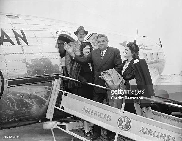 King of Swat leaves for Mexico...Babe Ruth, one of baseball's greats, prepares to board a plane for Mexico City at LaGuardia Field, May 15th. Left to...