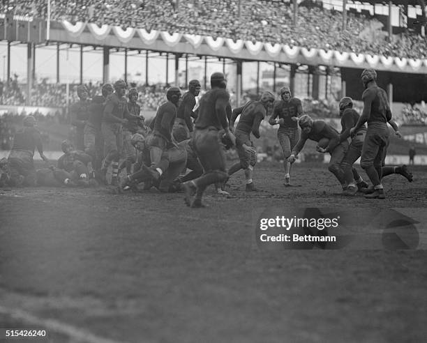 Green Bay triumphed over the Boston Redskins, here, today , by score of 21 to 6, and this won the Professional Gridiron title. In this scene for the...