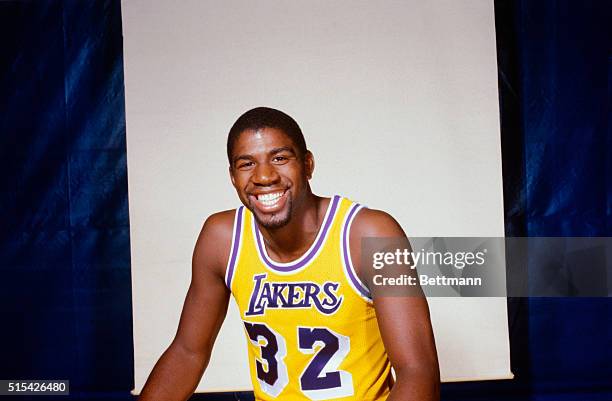 Here is a close-up of Los Angeles Lakers guard Earvin "Magic" Johnson.