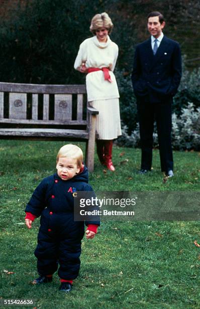 London, England: Prince William, 18 months next week, stands tall between his parents Prince and Princess of Wales 12/4 at a picture call before the...