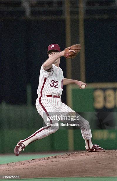 Steve Carlton pitching for the Philadelphia Phillies during the National League Championship playoffs against the Los Angeles Dodgers.