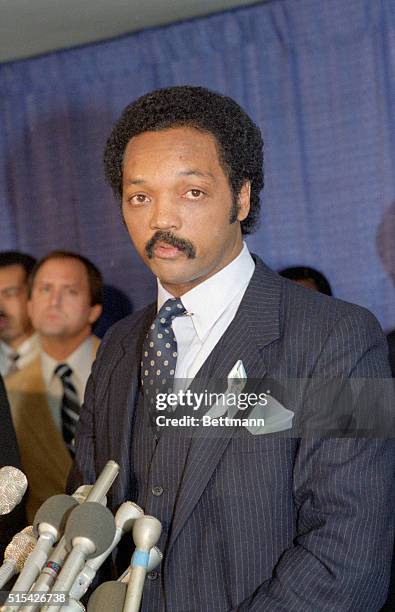 Jesse Jackson speaks at end of 2 1/2-hour meeting at the Democratic National Committee with Mr. Berry and Mayor of Gary, Indiana, Richard G. Hatcher....