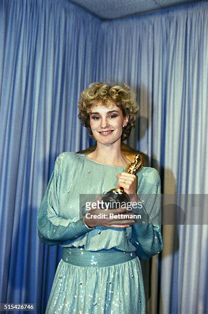 Hollywood, California: Actress Jessica Lange stands backstage at the 1982 Academy Awards Ceremony holding the Oscar that she won for Best Actress in...