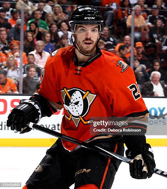 Simon Despres of the Anaheim Ducks looks on during the game against the Los Angeles Kings on February 28, 2016 at Honda Center in Anaheim, California.