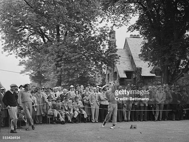 Ben Hogan, eventual winner, drives from the 10th tee during the $10,000 Goodall Round-Robin Tournament over the west course at Winged Foot Club,...