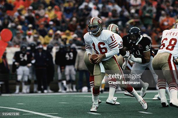 San Francisco 49ers' quarterback Joe Montana, running and trying to decide where to throw the football during a game with the Detroit Lions.