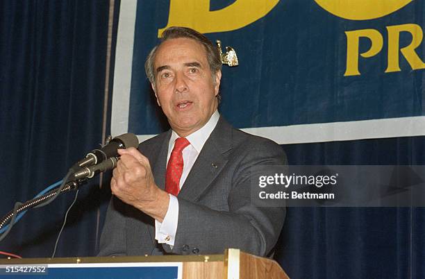 Senator Robert Dole talks to supporters 3/8 as "Super Tuesday" results indicate his closest rival, George Bush, was in the lead.