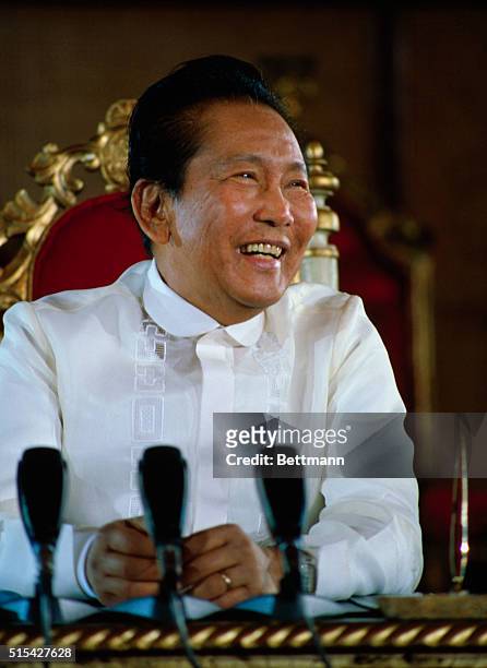 Manila, Philippines: President Ferdinand Marcos gestures during a press conference, May 26th, attended by foreign and local media at Malacanang...