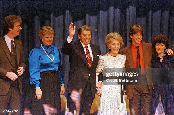 Los Angeles, California: The Reagan family on stage at Victory 84 Celebration. Patti Davis with new husband, husband of Maureen, Maureen Reagan, Ron...