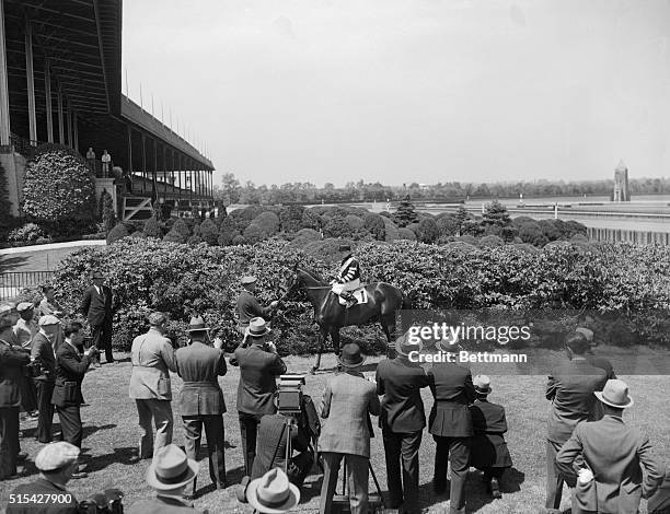 War Admiral & jockey Charlie Kurtsinger practice for Belmont Stakes. 1937.