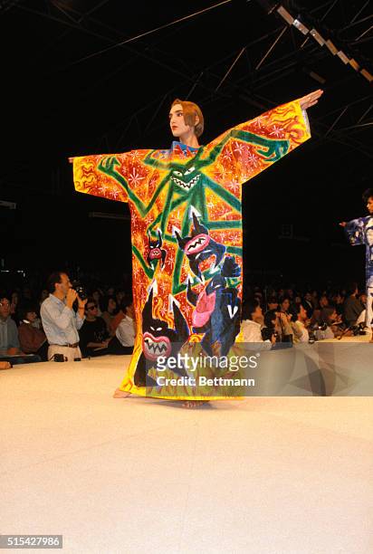 Model walking down the runway at the 1984 Jean-Charles de Castelbajac Ready to Wear show in Paris.
