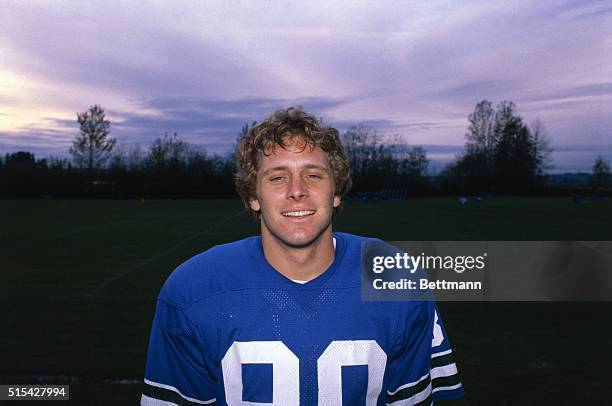 Close-up of Steve Largent, wide receiver for the Seattle Seahawks professional football team, smiling and alone.