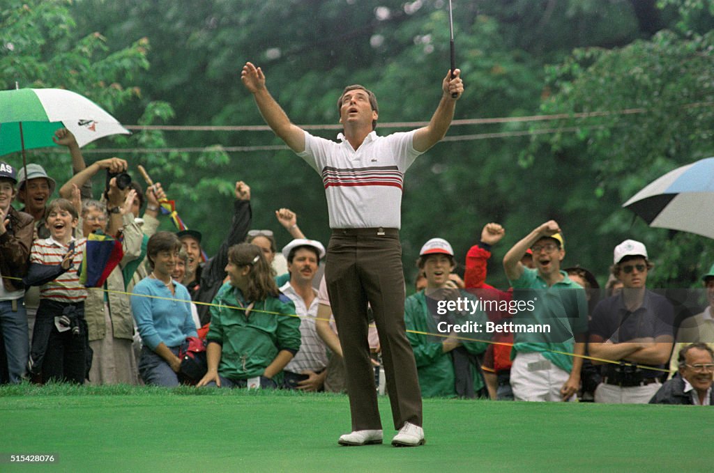 Fuzzy Zoeller Lifting His Arms After Golf Play