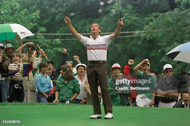 Mamaroneck, New York: Fuzzy Zoeller celebrates a 68-foot birdie putt on the 2nd hole in the U. S. Open, 18 hole play off in Mamaroneck, New York,...