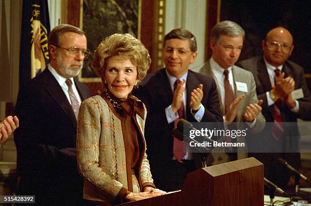 First Lady Nancy Reagan speaks at a media executives' drug abuse briefing 3/7 in the Indian Treaty Room of the Old Executive Office Building. With...