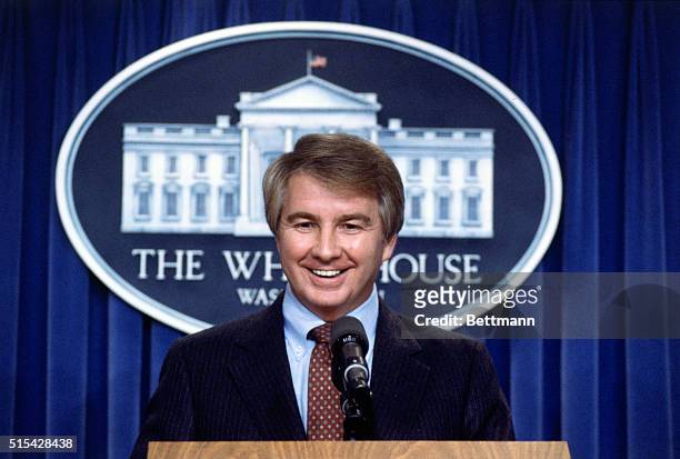 Washington, DC.: Close up of Larry Speaks, White House Deputy Press Secretary during a press conference at the White House speaking and smiling.