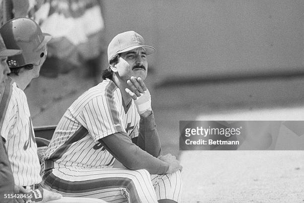 New York: Mets' 1st baseman Keith Hernandez sits at the end of the dugout and watches his team play the Montreal Expos at Shea Stadium 4/14. Keith...