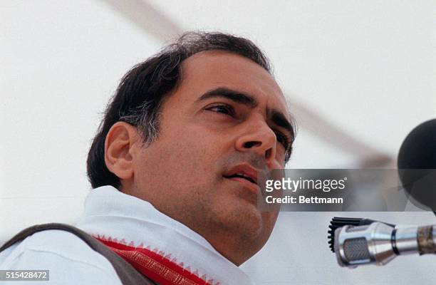 Bhopal, India: Rajiv Gandhi sits on a platform during a rally held in the city of Bhopal, India. The city was recently the stage for the worst...