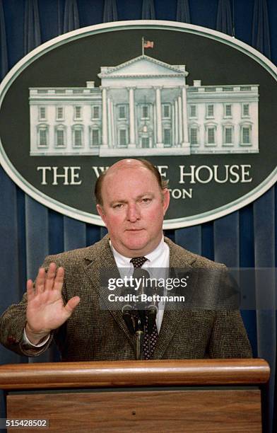 Washington: White House spokesman Marlin Fitzwater meets with reporters telling them that the White House vowed to not break faith with the Contra...