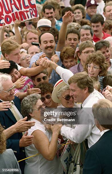 Huntington, Ind.: Sen. Dan Quayle greets hometown friends during a campaign stop with Vice President George Bush. Quayle, the Republican nominee for...