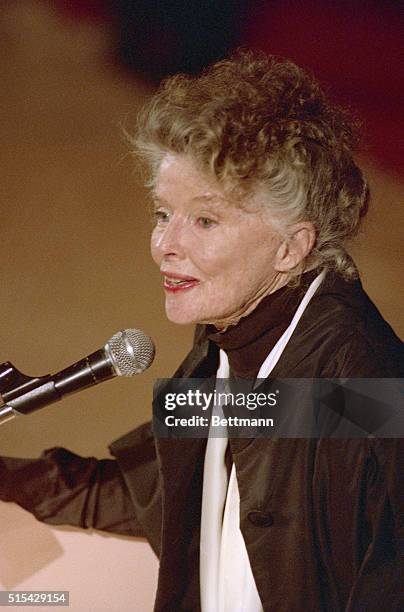 New York, New York: Katharine Hepburn smiles for the crowd after the dual tribute to herself and her mother, the late Katharine Houghton Hepburn by...