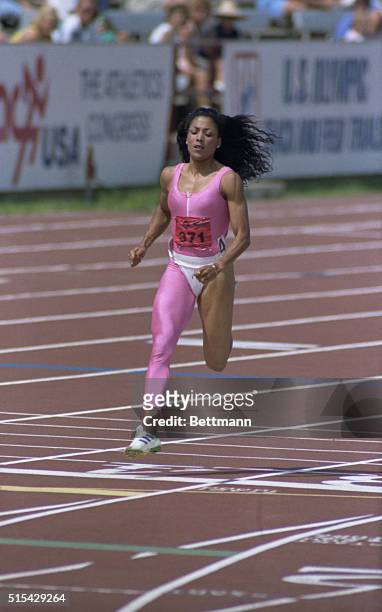 Florence Griffith-Joyner competig in one of the heats at the U.S. Olympic Track and Field Trials in Indianapolis, 22nd July 1988.
