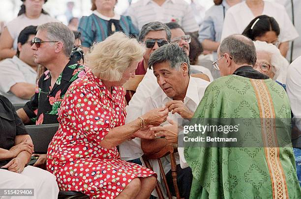 United Farm Workers leader, Cesar Chavez, receives a small piece of bread from Ethel Kennedy during a mass, ending his 36-day fast over the reckless...