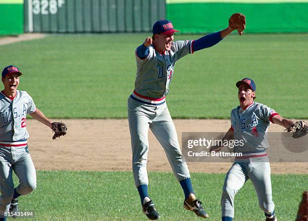 Seoul: USA's pitcher Jim Abbot, who pitched the whole game to defeat Japan 5-3 and take gold medal in this exhibition sport of the summer Olympics...