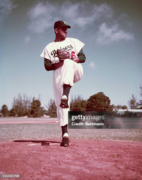 Don Newcombe of the Brooklyn Dodgers in motion to throw pitch.