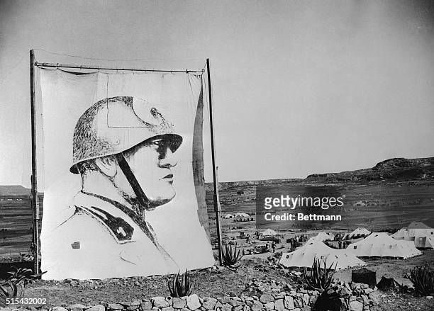 Adigrat, Ethiopia- This huge canvas picture of Il Duce dominates the Italian encampment at Adigrat, and looks out over the area captured by the...