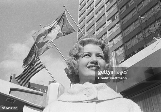Miss Diane Sawyer, America's "Junior Miss," takes a look at New York with a stroll outside the American Hotel, March 18th. Miss Sawyer won her title...