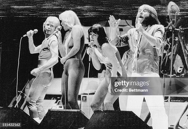 Members of the famous popular Swedish performing group ABBA on stage at Paramount Theater in Portland, Oregon. This was the first U.S. And European...