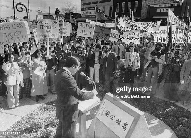 Large group of Taiwanese gather in Plains, Georgia on December 23, 1978 to protest in President Carter's hometown. The Taiwanese were protesting the...