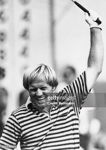 Raising his arm over his head, Jack Nicklaus jubilates after sinking a birdie putt on the 18th hole to score a 8-under 272 to win the 80th U.S. Open...