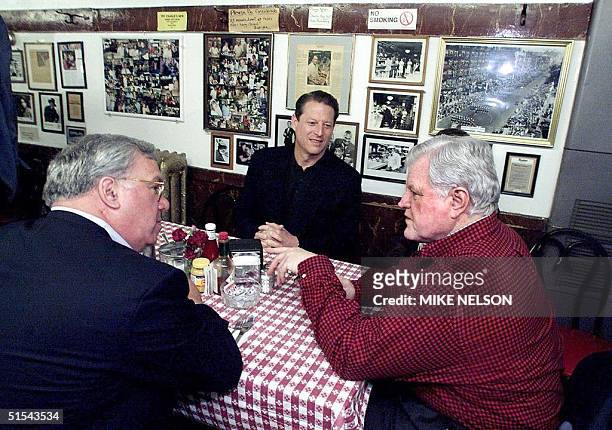 Vice President and Democratic presidential candidate Al Gore sits down for breakfast at Charlie's Sandwich Shoppe with US Senator Ted Kennedy D-MA...