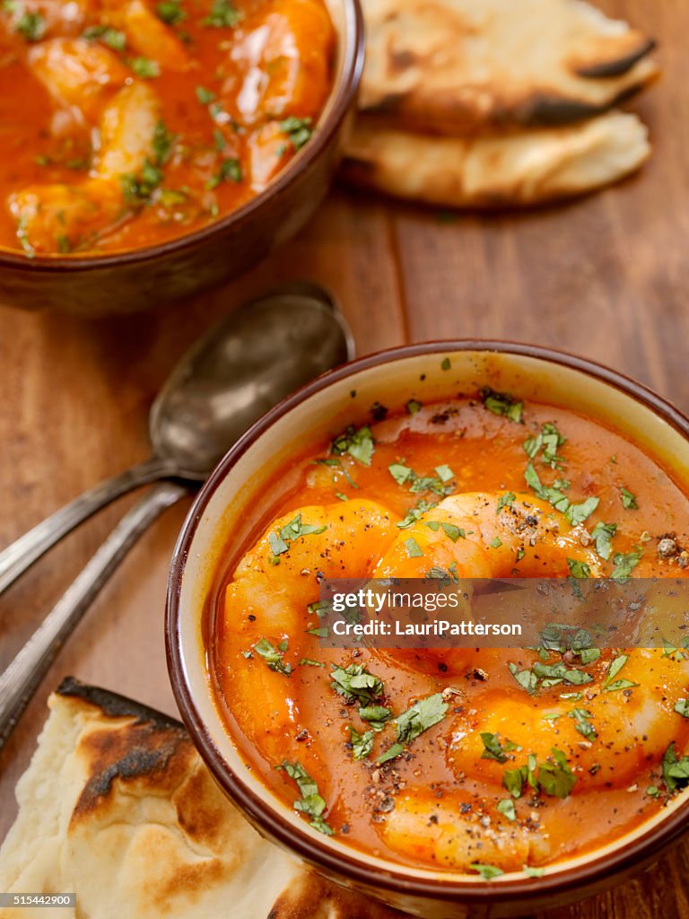 Spicy Red Curry Soup with Shrimp and Naan Bread