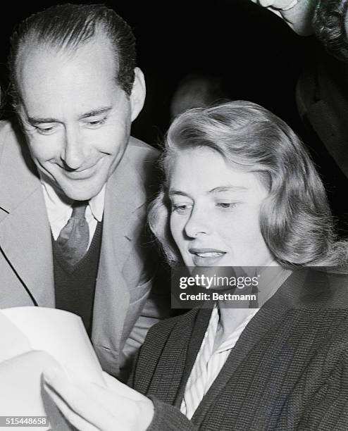 Ingrid Bergman and director Roberto Rossellini read over the script for the film Stromboli before shooting a scene. This is the first photograph of...