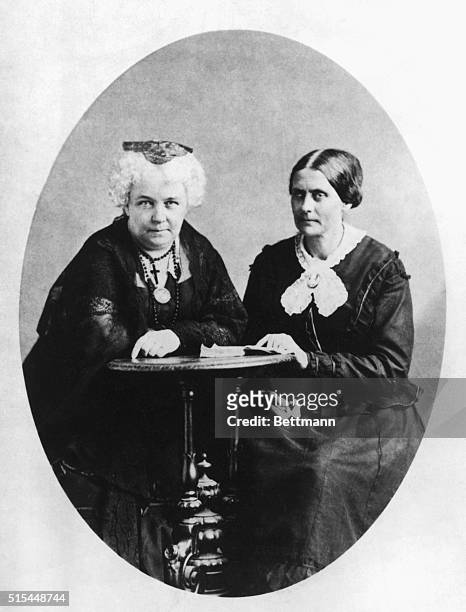 Susan B. Anthony and Elizabeth Cady Stanton , founders of The National Woman Suffrage Association, are shown seated together at small table. Sarony...