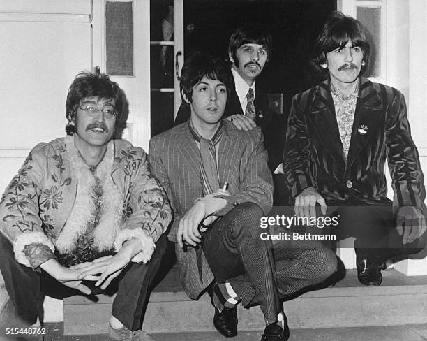 The Beatles at their manager Brian Epstein's home, 24 Chapel Street, London, for a press meeting and pre-listen to their upcoming album Sgt. Pepper's...