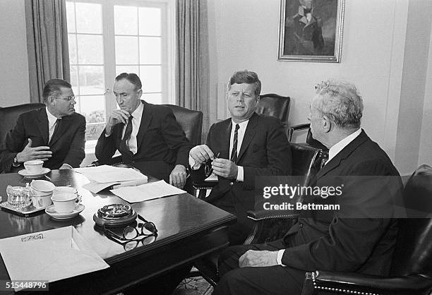 Washington, D.C.- President Kennedy met with Senate leaders of both parties at the White House to discuss prospects of getting strong bipartisan...